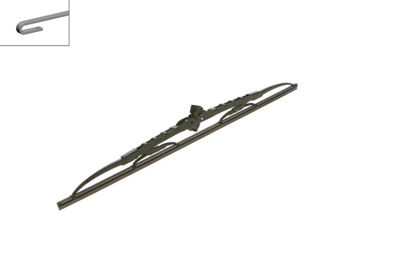Bosch Bracket Wiper Blade Without Spoiler for Chevrolet - 3397004916
Angled view of Bosch Bracket Wiper Blade Without Spoiler for compatibility checking
Close-up view of Bosch Bracket Wiper Blade Without Spoiler reference details
