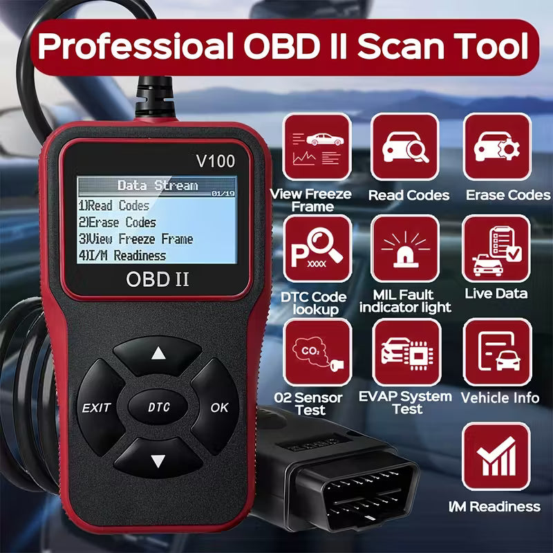 OBD2 Diagnostic Scanner Engine Code Reader With Live Data I/M Readiness And Battery Voltage Test Vehicles 1996- Black Red OBDDIAG