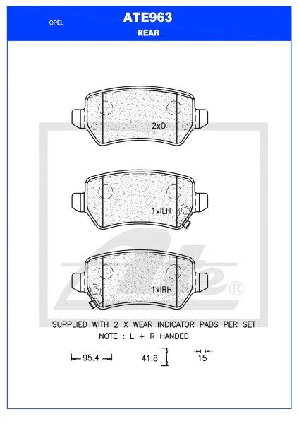 ATE963 Rear Brake Pads for Kia Soul. Opel Astra. Corsa. Meriva. Zafira