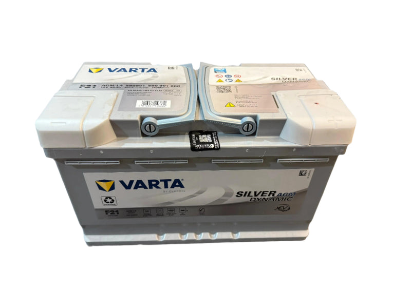 Front view of VARTA 668 AGM 12V 80Ah 800CCA Silver Dynamic battery with F21 casing – ideal for start-stop vehicles