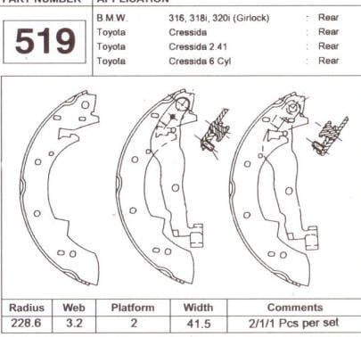 Rear brake shoe set 228.6x42 mm for Nissan Skyline R32 RB20E