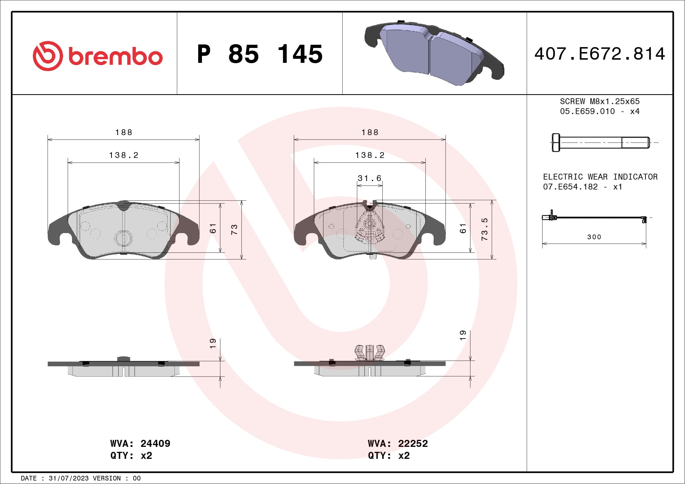 Brembo Front Brake Pad Set angled view for Audi A6 - P85145