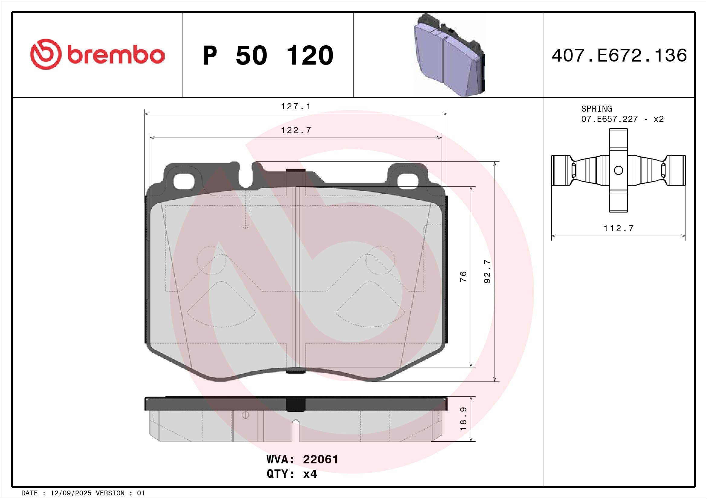 2. BREMBO Front Brake Pads angled view for Mercedes-Benz E-Class - P50120