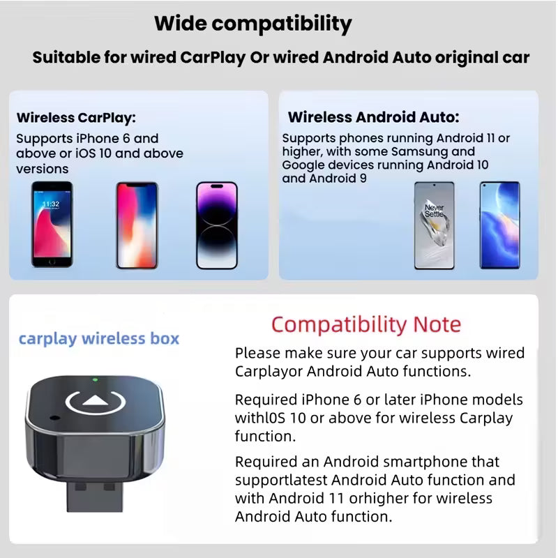 Wireless Apple CarPlay & Android Auto Adapter USB A Plug & Play Dongle