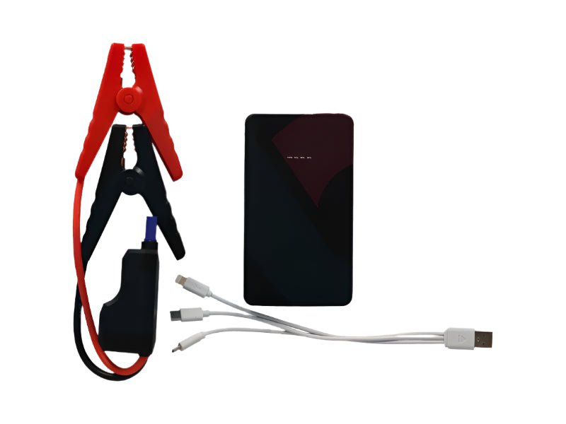 Close-up of 8000mAh jump starter – USB output ports, LED indicators, and power button