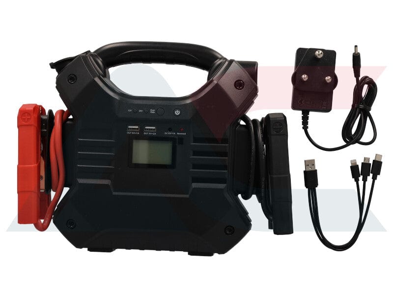 Heavy-duty jumper cables and battery clamps included with the jump starter