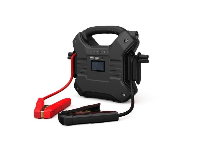 Jump starter with USB charging ports, LED display, and flashlight output