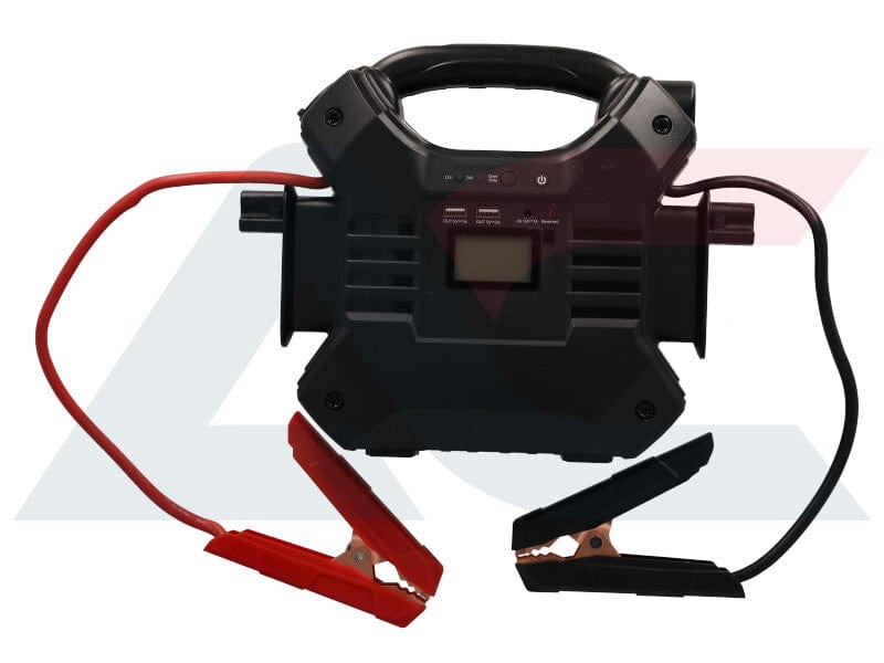 Portable lithium jump starter shown next to smartphone for size comparison