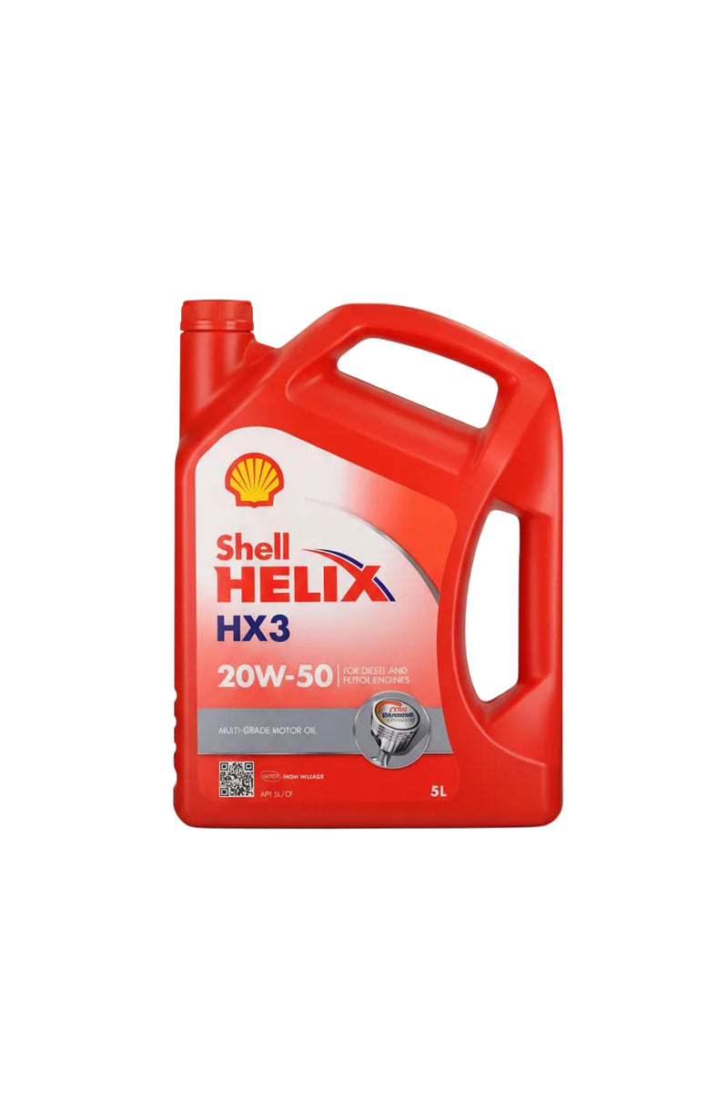 Shell Helix HX3 engine oil 5L with SAE 20W-50 viscosity and API SL CF specification. Use where these grades are specified. Nationwide delivery South Africa 550039899