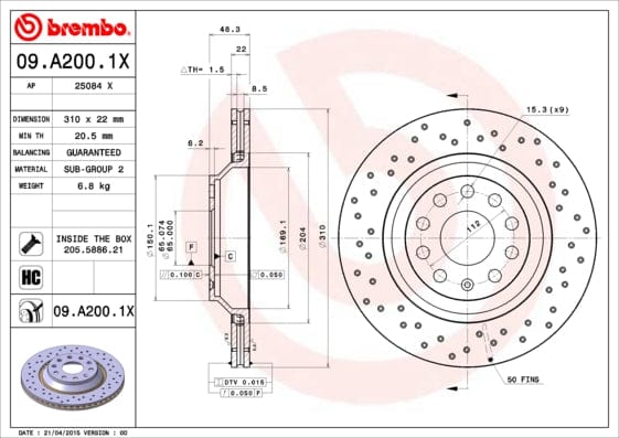 Remskyf Voor (2 In Boks) Geboorde Audi RS3 DAZA 310mm, Golf R CJXG (Brembo 09A2001X)