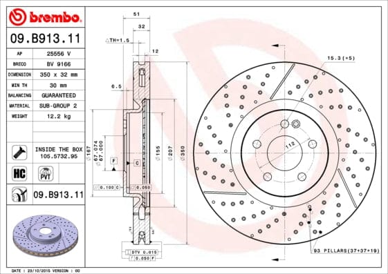 Brake Disc Front (2 In Box) Mercedes A45 Amg W176,W246,W242,C117,X117,X156 (Brembo 09B91311) Brembo