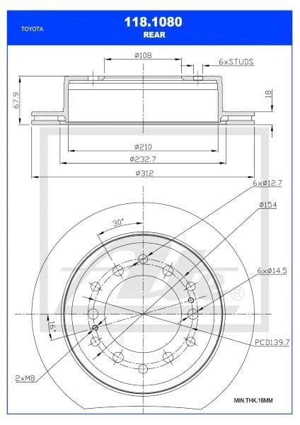 Remskyf Geventileerde Agter Toyota Fortuner 2Tr,1Gr,2GD,1GD/FJ Cruiser 4.0 1Gr-Fe/Prado Enkel (Ate 118-1080)