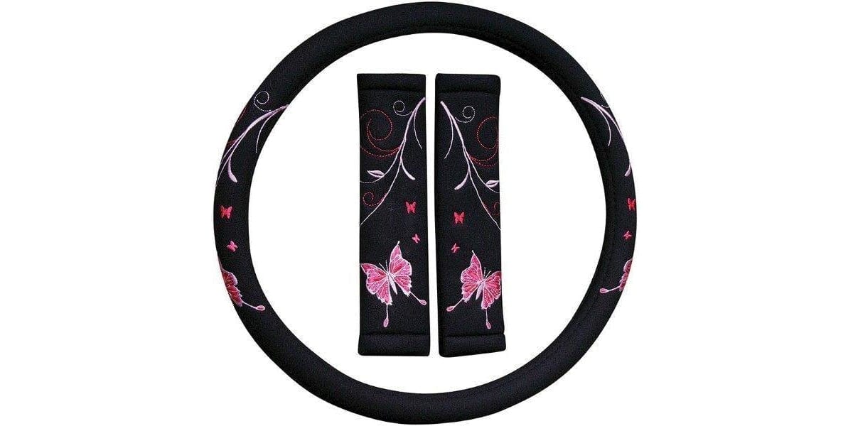 Autogear Steering Wheel Cover & S/Belt Comforter Set Blue Butterfly - 3 Pieces - Modern Auto Parts