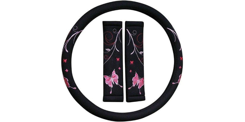 Autogear Steering Wheel Cover & S/Belt Comforter Set Blue Butterfly - 3 Pieces - Modern Auto Parts