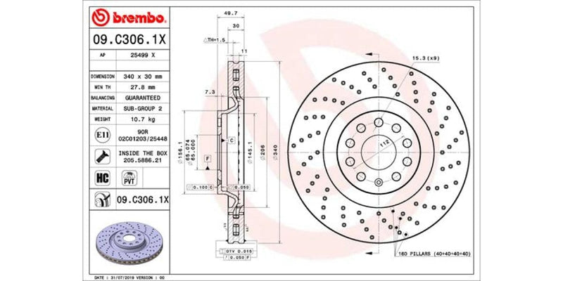 Brake Disc Front (1-In-Box) Audi S3 8V/audi Tt/vw Golf 7R Drilled/vented (Brembo - 09C3061X)