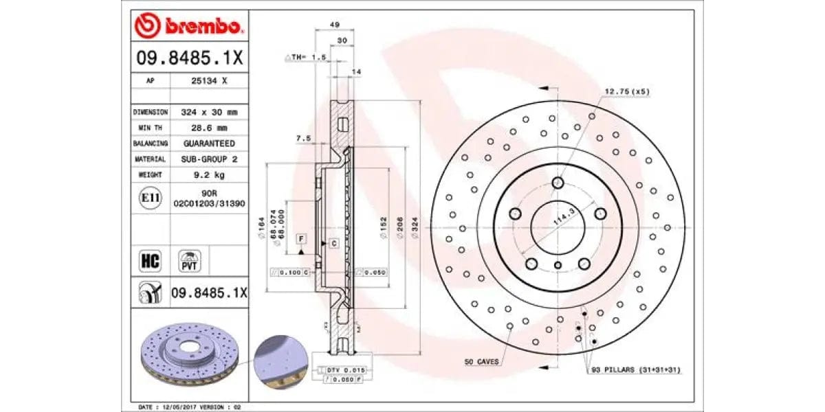 Brake Disc Front (1-In-Box) Drilled - Nissan 350 Z Roadster (Brembo 0984851X)