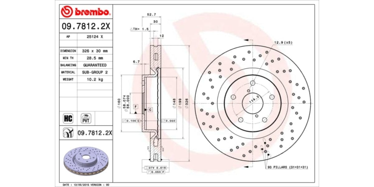Brake Disc Front (1-In-Box) Drilled - Subaru Impreza (Brembo 0978122X)