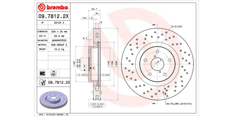 Brake Disc Front (1-In-Box) Drilled - Subaru Impreza (Brembo 0978122X)
