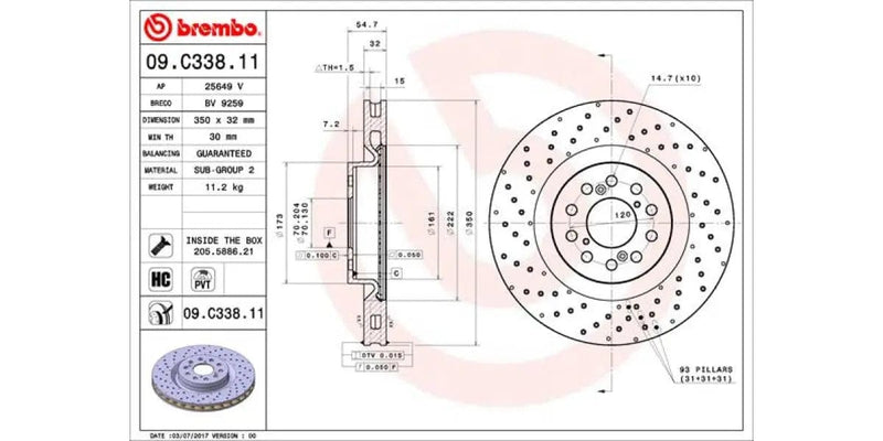 Brake Disc Front (1-In-Box) Honda 2.0 I-Vtec Type R (Fk2) (Brembo - 09C33811)