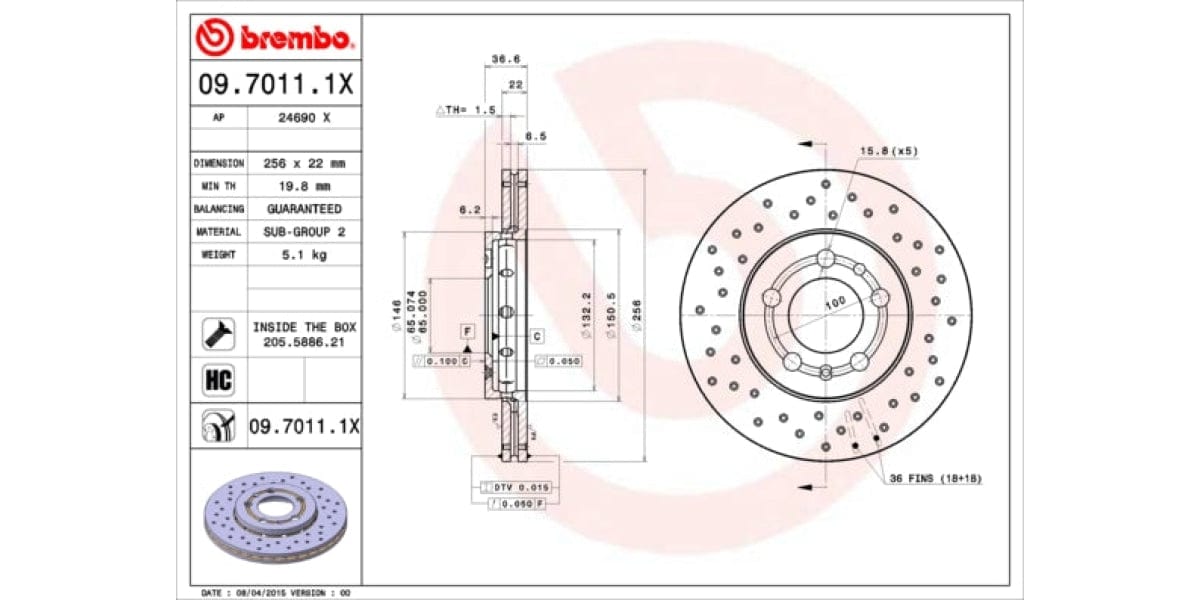 Brake Disc Front (2-In-Box) Drilled - Audi A2 A1 (Brembo 0970111X)