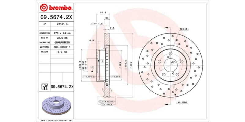 Brake Disc Front (2-In-Box) Drilled - Subaru Impreza (Brembo 0956742X)