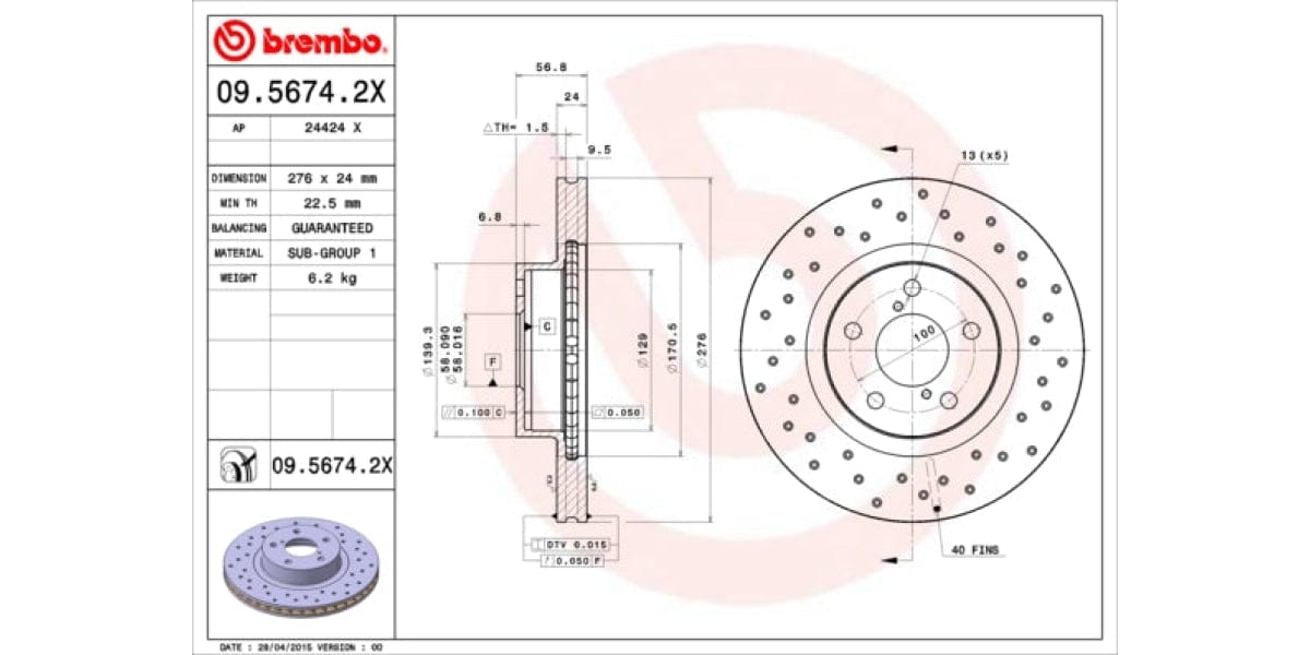 Brake Disc Front (2-In-Box) Drilled - Subaru Impreza (Brembo 0956742X)