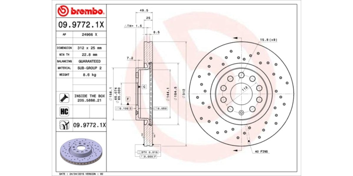 Brake Disc Front (2-In-Box) Drilled - Vw Golf Scirocco Touran Audi A3 (Brembo 0997721X)