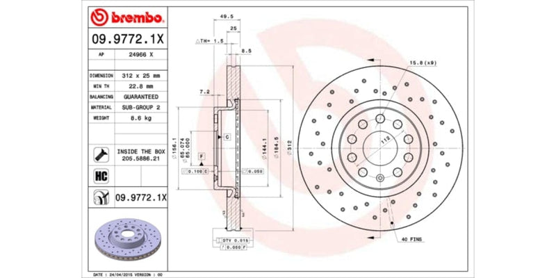 Brake Disc Front (2-In-Box) Drilled - Vw Golf Scirocco Touran Audi A3 (Brembo 0997721X)