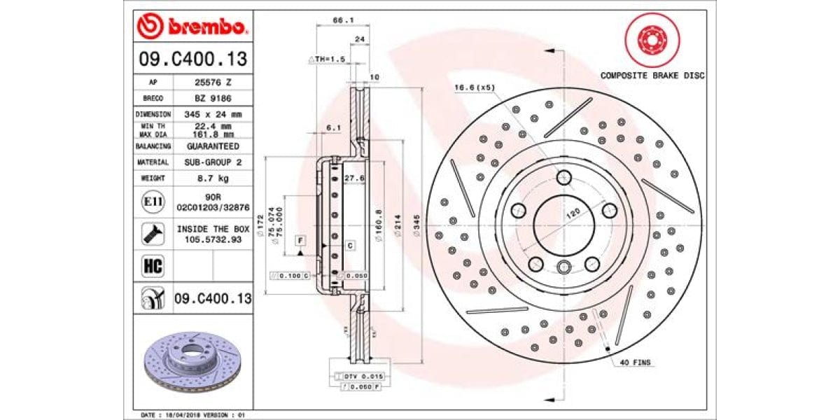 Brake Disc Rear (1-In-Box) Bmw 1 F20/3 F30/4 F32 (M-Sport) Vented/dimpled (Brembo - 09C40013)