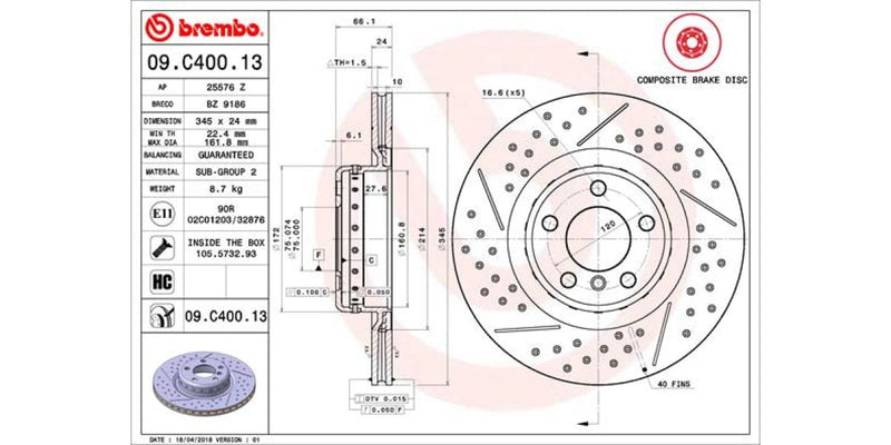 Brake Disc Rear (1-In-Box) Bmw 1 F20/3 F30/4 F32 (M-Sport) Vented/dimpled (Brembo - 09C40013)