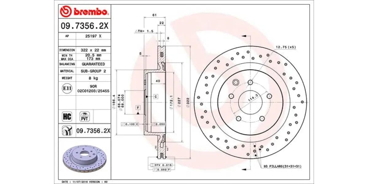 Brake Disc Rear (2-In-Box) Drilled - Nissan 350 Z Roadster (Brembo 0973562X)