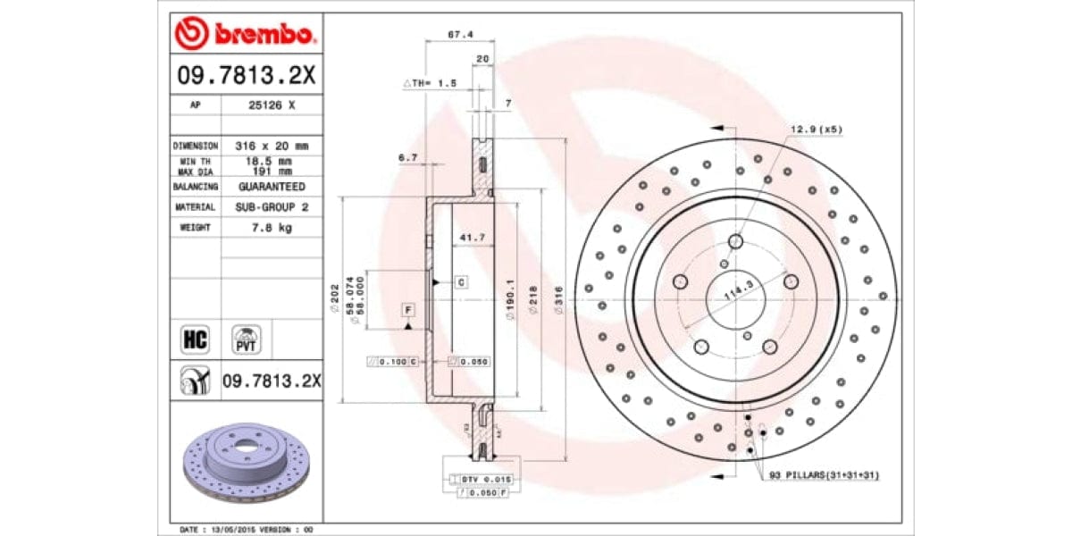 Brake Disc Rear (2-In-Box) Drilled - Subaru Impreza (Brembo 0978132X)