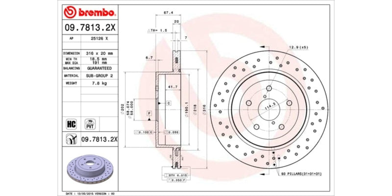 Brake Disc Rear (2-In-Box) Drilled - Subaru Impreza (Brembo 0978132X)
