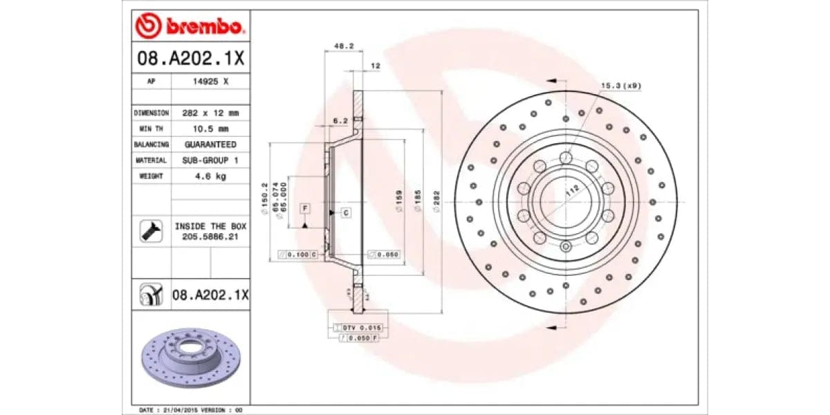 Brake Disc Rear (2-In-Box) Drilled - Vw Golf Passat Cc Audi A3 5&6/audi 8P/q3 (Brembo 08A2021X)