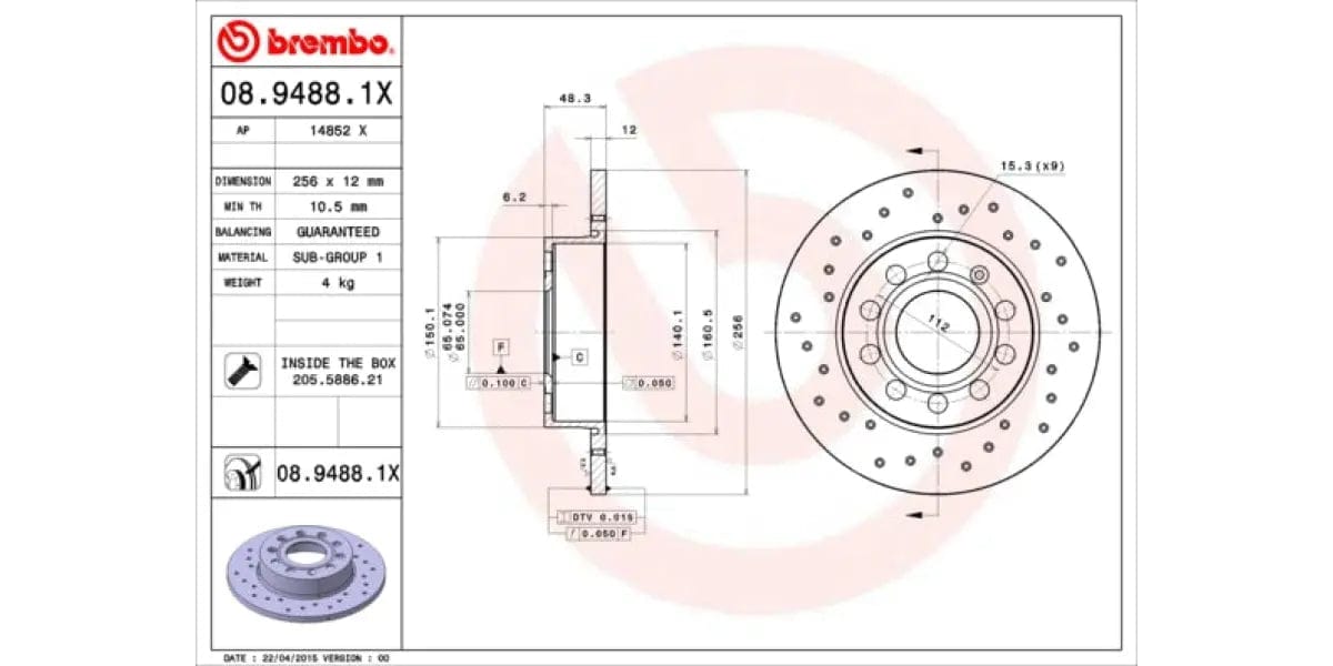 Brake Disc Rear (2-In-Box) Drilled - Vw Scirocco Tiguan Audi Golf 5 & 6/audi A3 8P (Brembo 0894881X)