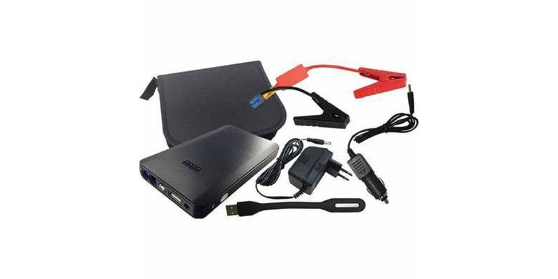 Complete 8000mAh 12V jump starter kit – includes power bank, USB cable, DC adaptor, car charger, and carry pouch