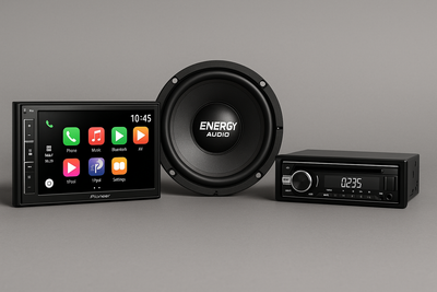 Pioneer touchscreen radio, ENERGY AUDIO subwoofer, and single-DIN head unit displayed on gray background with vibrant app interface.