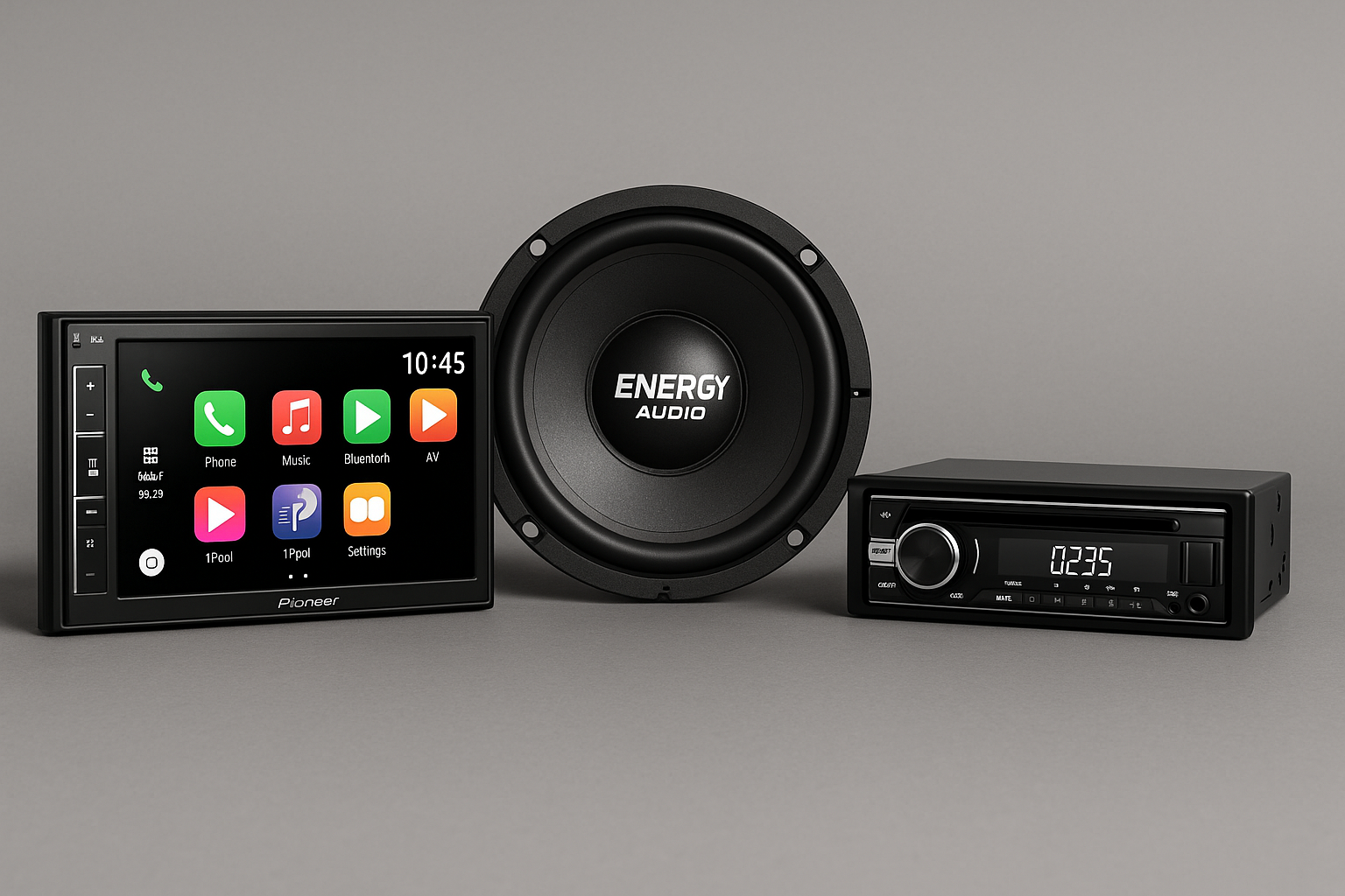 Pioneer touchscreen radio, ENERGY AUDIO subwoofer, and single-DIN head unit displayed on gray background with vibrant app interface.