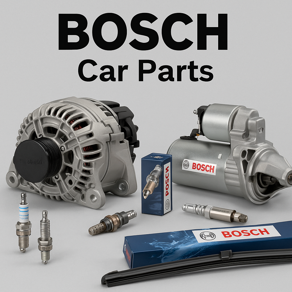 Bosch alternator, spark plug, starter motor, and O2 sensors arranged neatly under 'Bosch Car Parts – Alternators, Spark Plugs, Sensors & Starters' heading.
