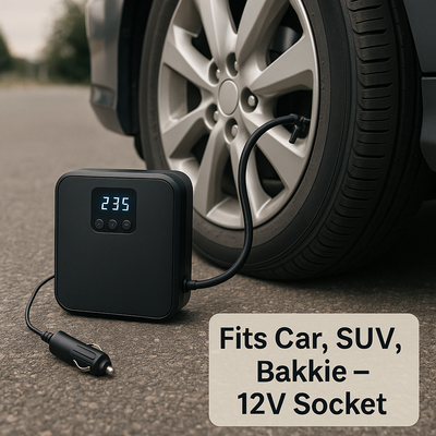 Portable 12V tire inflator compressor for car, SUV, and bakkie – digital gauge, plugs into cigarette lighter