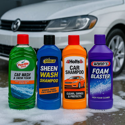 Car Shampoo & Foam Cleaners – Turtle Wax, Shield, Holts, and Wynn’s Bottles Displayed on Foamed Surface in Front of Clean Vehicle