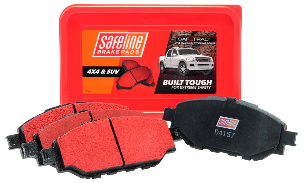 Safeline brake pads with red packaging – South African-made, SABS and E-Mark certified front and rear brake pads for passenger vehicles