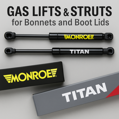 Monroe and Titan gas lifts for bonnets and boot lids, extended and compressed, displayed on a gray background with brand logos and headline text.
