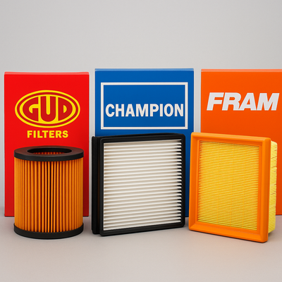 Automotive air filters from GUD, Champion, and Fram – OEM-quality filters for cars and bakkies, displayed with branded packaging for South Africa