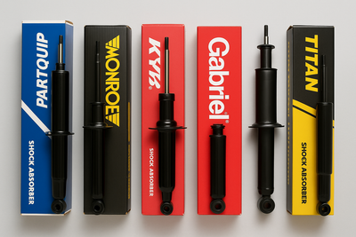 Shock absorbers from Partquip, Monroe, KYB, Gabriel, and Titan – front and rear suspension shocks with branded packaging for cars and bakkies in South Africa