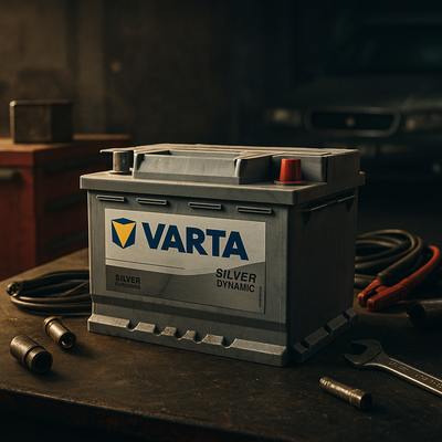 Authentic Willard and Varta car batteries on a white background – Willard with red caps and green label, Varta with silver casing and blue caps.