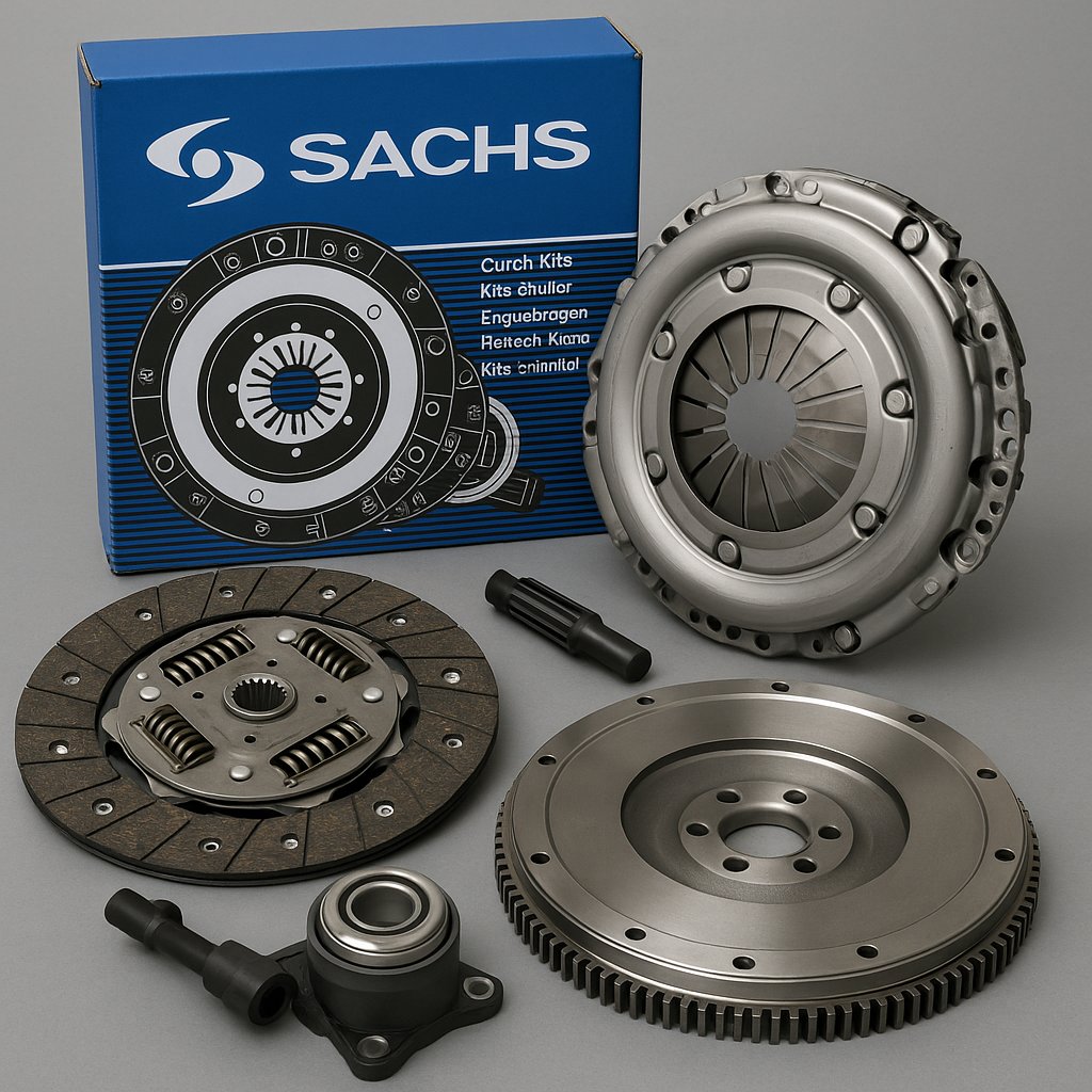 Sachs clutch kit components including clutch disc, pressure plate, dual-mass flywheel, concentric slave cylinder, and release bearing arranged on a clean gray background.
