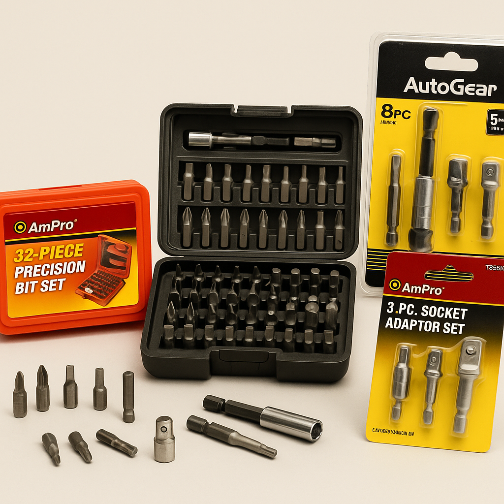 Bit sets, bit drivers, and socket adaptors from AmPro and AutoGear – precision screwdriver bits, impact-rated sets, and drill adaptors for South Africa