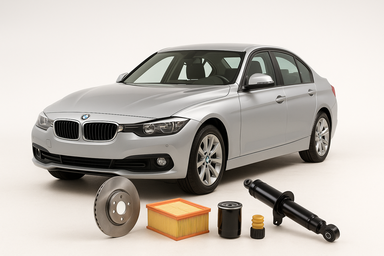 BMW 3 Series sedan with air filter, brake disc, oil filter, and shock absorber – available at Modern Auto Parts South Africa