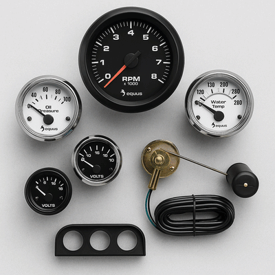 Five Equus automotive gauges including tachometer, voltmeter, oil pressure and water temp, with sender and wiring accessories arranged on gray background.